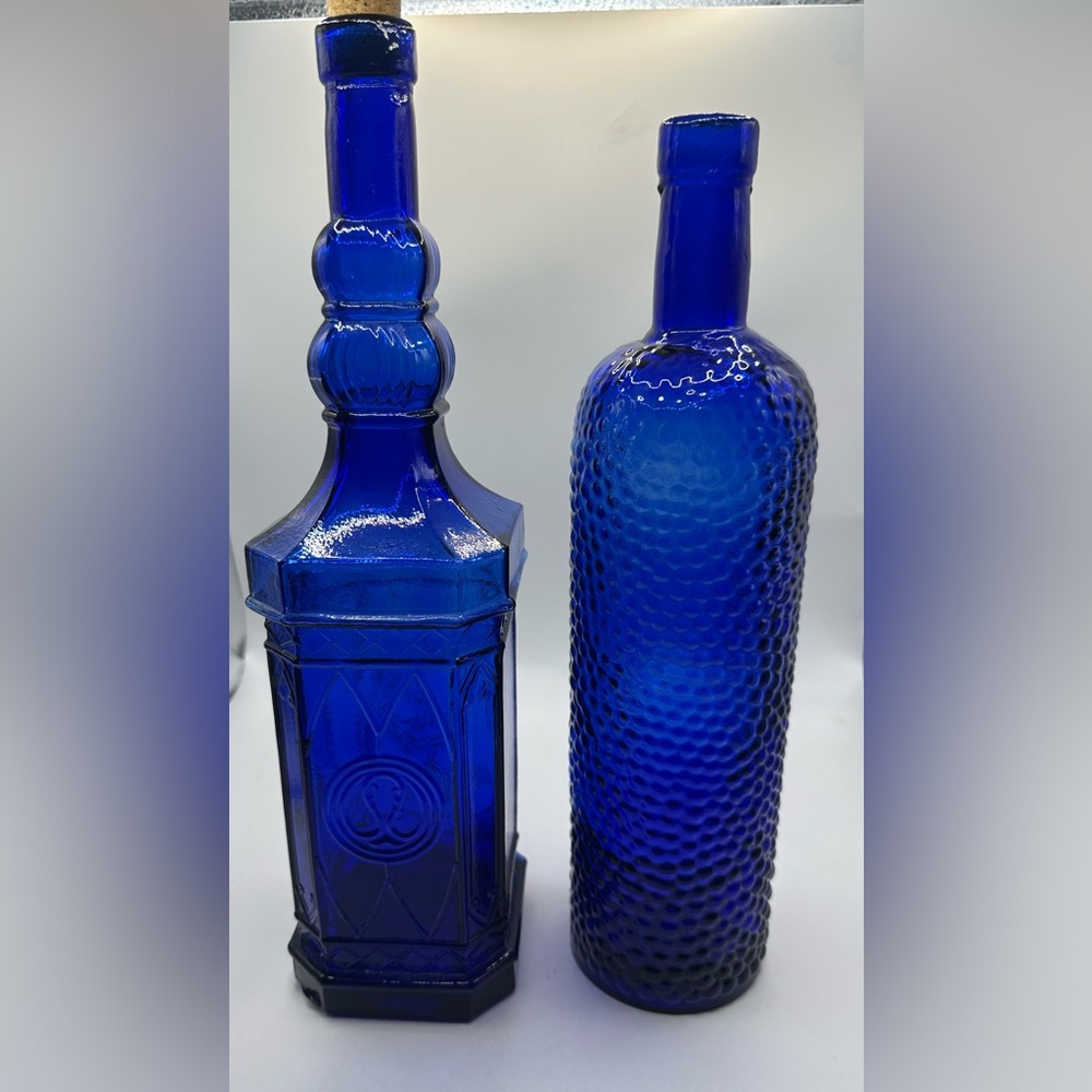 Cobalt Blue Ornate Recycled Glass Bottles Made In Spain Vintage Set Of 2 - Picture 1 of 8